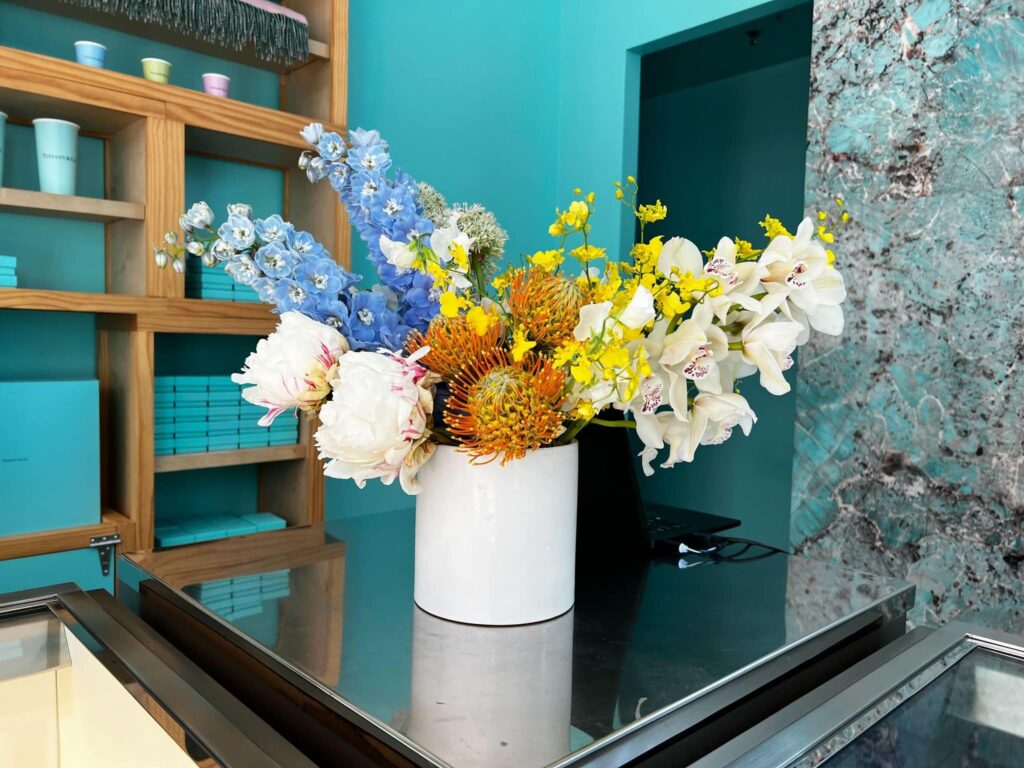Vibrant floral bouquet on reception desk